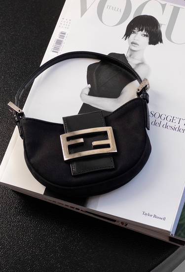 Fendi croissant bag in black soft jersey fabric with silver-tone FF logo buckle - front view