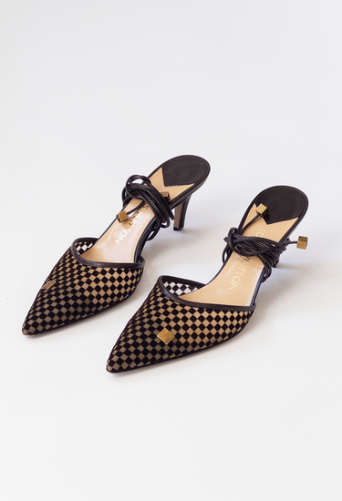 Louis Vuitton Damier Ebene heels in checkerboard pattern plush velvet - front view