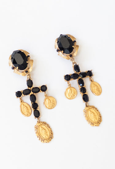 Dolce & Gabbana Filigree cross earrings in jet-black crystals suspended from ornate gold-tone setting - front view