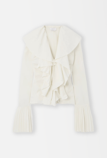 Alexander McQueen ruffle poplin blouse in white cotton, Resort '25 - front view