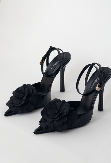 Blumarine heels in black floral appliqué - angled view