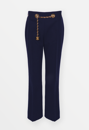 Celine Vintage trousers in dark navy wool with gold chain belt - front view