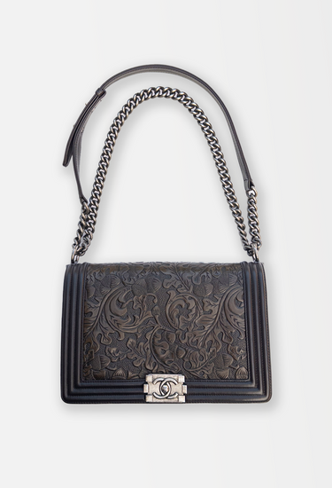 Chanel Paris-Dallas Rare Boy Embossed bag in chocolate brown leather with silver-tone clasp and chunky chain strap - front view