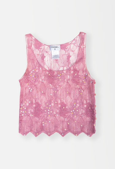 Chanel top in pink sequin lace, S/S 2000 - front view