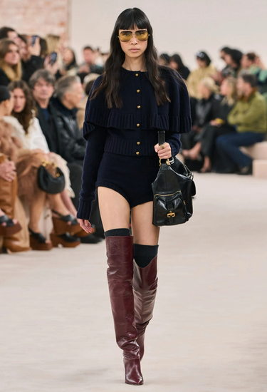 Chloe cardigan in black plush wool and cashmere blend in deep classic navy with antique-finish dome buttons, 2024 - worn/try-on view