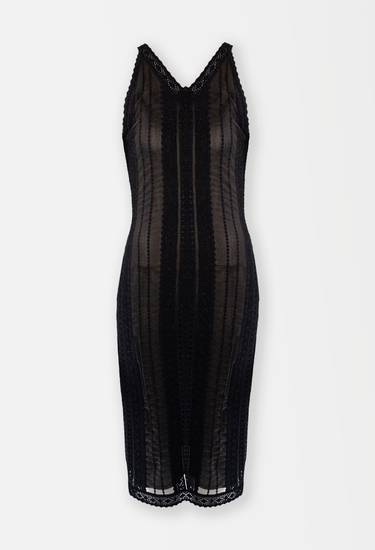 Christian Dior Galliano Era midi dress in sheer black mesh and trimmed with glittering vertical lace panels, 2002 - front view