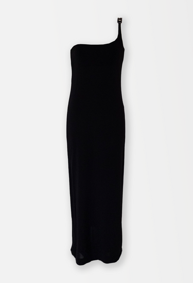Gucci x Tom Ford one shoulder dress in black with black crystal-encrusted ‘G’ hardware strap, 1998 - front view
