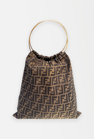 Fendi handle bag in brown and black Zucca motif canvas with gold metal ring handle - front view