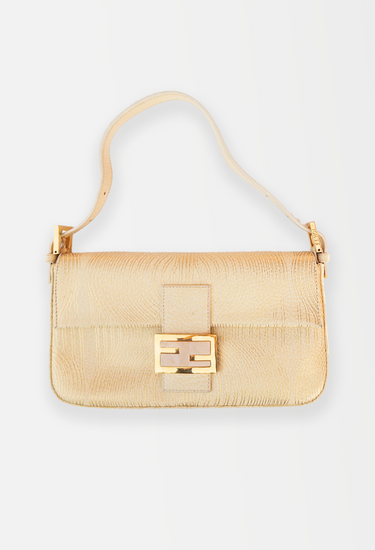 Fendi vintage baguette Bagb in gold textured leather with gold metal FF clasp - front view