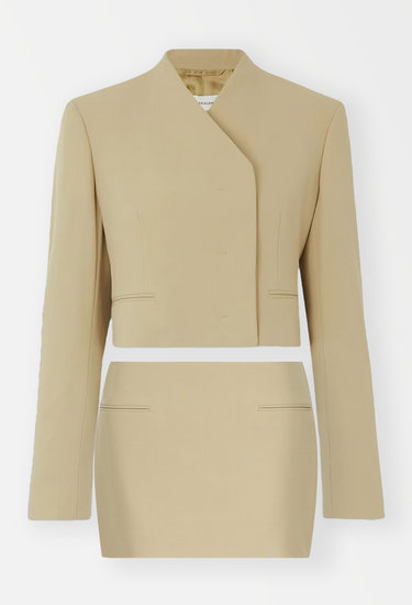 Ferragamo mini skirt suit in beige, Spring/Summer 2023 - front view