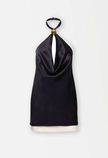 Ferragamo halter neckline dress in black silk with a sculptural gold-tone sphere - front view