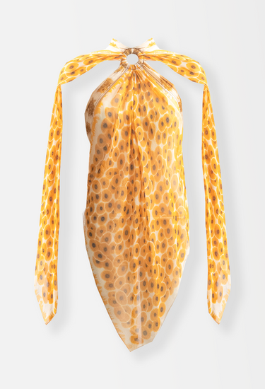 Hermes Jean Paul Gaultier era scarf top in sunflower motif silk with a ring at the neckline, 2007 - worn/try-on view