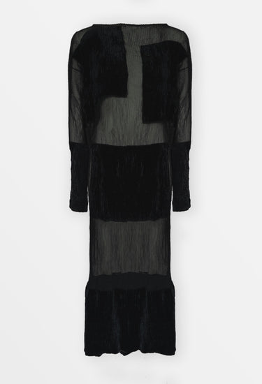 Issey Miyake archival dress in black sheer, crinkled fabric with strategically placed velvet panels, FW 1994 - front view
