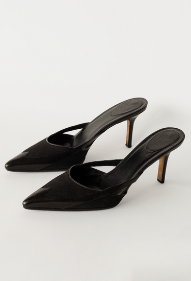 Gucci vintage cutout western mules in black canvas + leather - side profile
