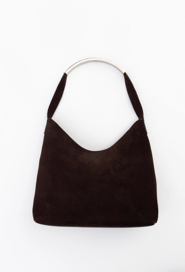 Gucci hand bag in brown suede with silver-tone metal top handle - front view