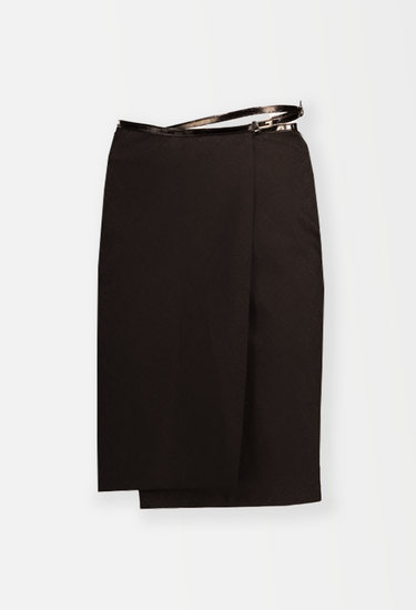Gucci x Tom wrap skirt in brown mid-weight wool blend with leather belt—complete with a ‘G’-logo buckle, 1997 - front view