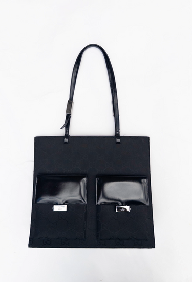 Gucci x Tom Ford GG monogram tote bag in black with with patent leather front pockets and silver-tone logo clasps - front view