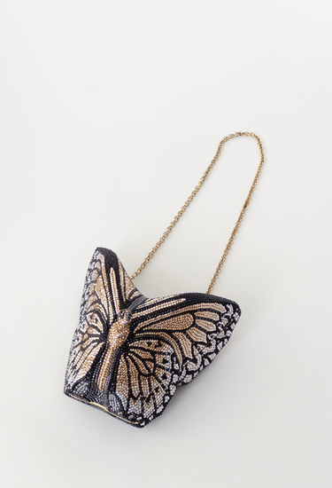 Judith Leiber Couture Butterfly Monarch Clutch Bag in gold, champagne, and jet black handset crystals - angled view