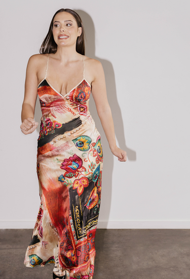 John Galliano dress in vintage paisley print silk - worn/try-on view