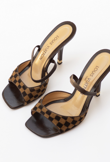 Louis Vuitton Damier mules in checkerboard pony hair leather - angled view