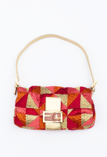 Fendi embroided baguette bag in multicoloured tactile finish with gold-tone FF clasp - front view