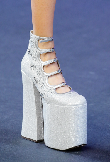 Marc Jacobs Kiki boots in silver glittered twill with five curved leather straps secured with a polished silver buckle, 2017 - worn-try-on view