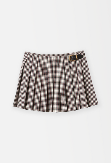 Miu Miu pleated skirt in gingham pattern with two gold-tone buckled leather tabs at the waist - front view