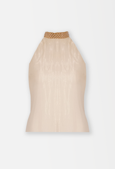 Miu Miu top in champaigne tone silk with crystal-embellished collar, 2000 - front view