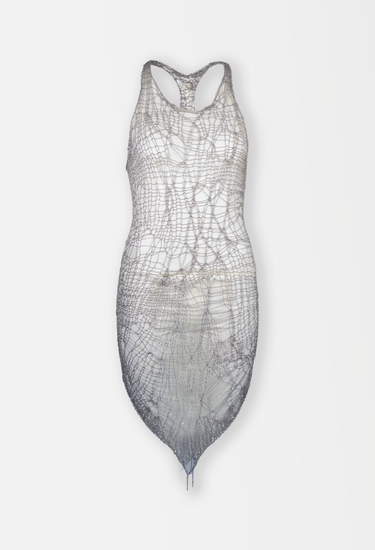 Natalia Fedner crochet spiderweb dress in silver-toned metal chain - front view