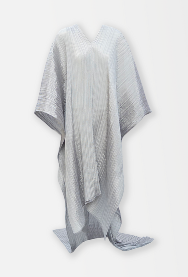 Issey Miyake vintage kaftan dress in silver metallic silver polyester fabric - front view
