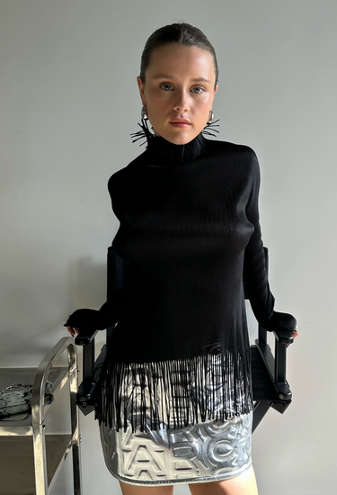 Pleats Please fringe top in black lightweight pleated fabric - worn/try-on view