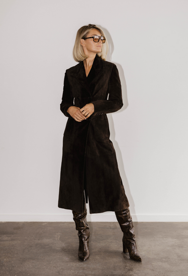 Prada vintage coat in brown suede - worn/try-on view