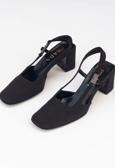 Prada Vintage technical slingback heels in black fabric - angled view