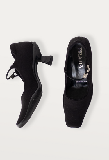 Prada Mary Jane heels in black rubber and nylon blend, 1999 - angled view