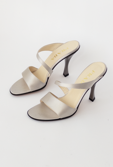 Prada vintage heels in metallic soft silver silk - angled view