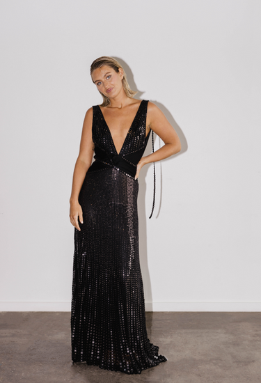 Roberto Cavalli maxi gown in black silk embellished with black sequins, 2007 - worn/try-on view