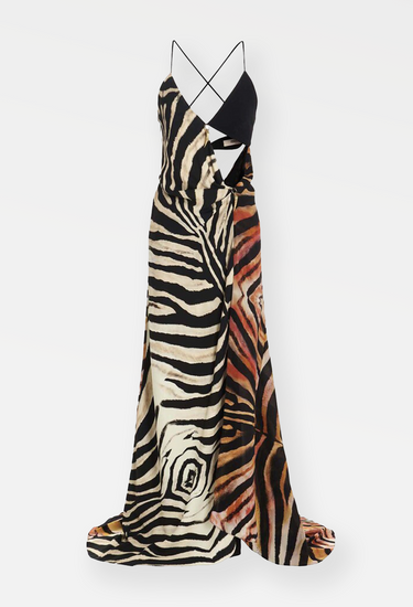 Roberto Cavalli gown in asymmetric cutout tiger fabric, S/S 2022 - front view