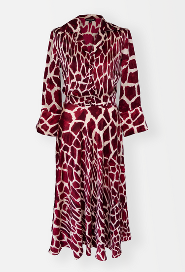 Roberto Cavalli vintage "Sex and The City" dress in giraffe-inspired print in deep burgundy and ivory tones silk - front view