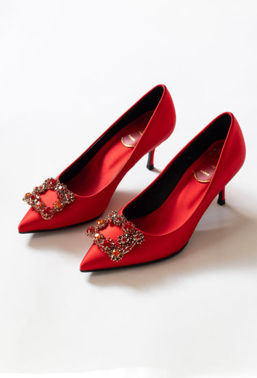 Roger Vivier efflorescence pumps in red satin with brand's signature crystal-embellished buckle - side profile