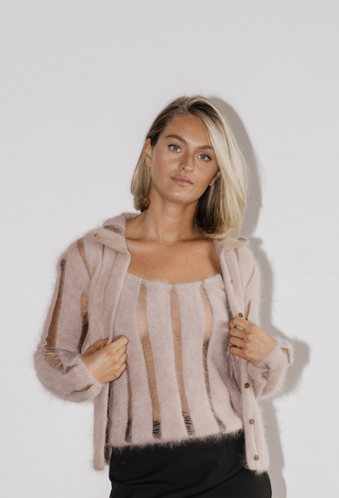 Yves Saint Laurent x Tom Ford cardigan set in light pick angora and nylon blend - worn/try-on view
