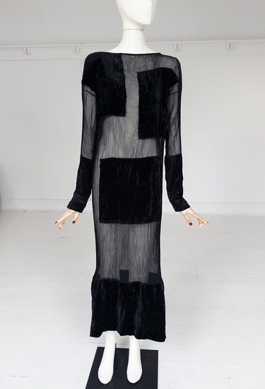 Issey Miyake archival dress in black sheer, crinkled fabric with strategically placed velvet panels, FW 1994 - worn/try-on view
