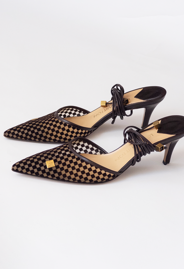 Louis Vuitton Damier Ebene heels in checkerboard pattern plush velvet - side profile