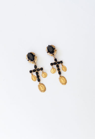 Dolce & Gabbana Filigree cross earrings in  jet-black crystals suspended from ornate gold-tone setting - angled view