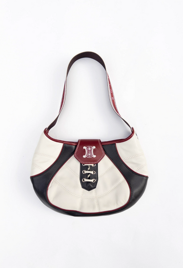 Celine World Cup Football Bag in tri-colour leather—ivory, oxblood, and black with a branded strap and cotton-lined interior, 2002 - front view