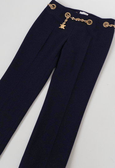 Celine Vintage trousers in dark navy wool with gold chain belt - material/texture close-up