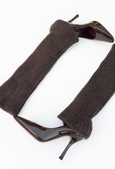 Louis Vuitton heels  in chocolate hue patent leather with a ribbed wool leg warmer -  side profile
