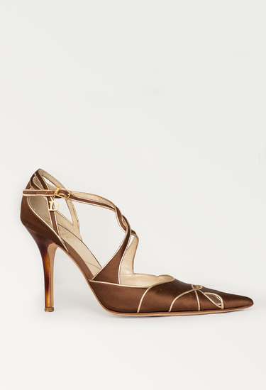 Christian Dior vintage heels in brown satin with golden trim - side profile