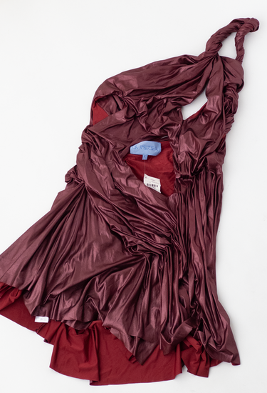 Di Petsa melted mini dress in burgundy metal effect fabric - angled view