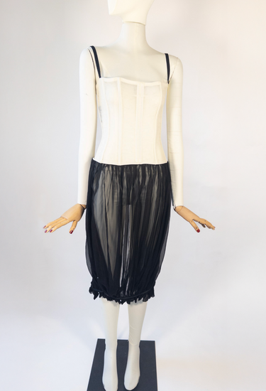 Dolce & Gabbana corset ruffle top in sculpted ivory-toned corset layered in sheer black chiffon, 2000s - interior detail