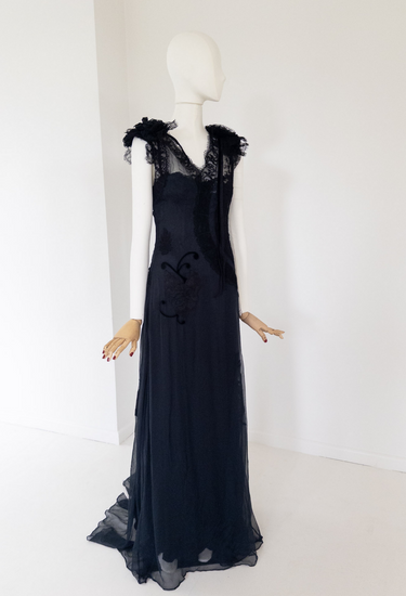 Dolce & Gabbana maxi layered gown in black chiffon and satin - worn-try-on view